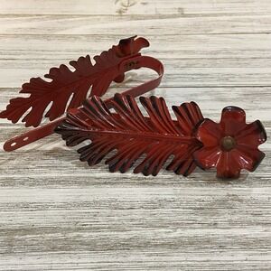 VTG MCM Metal Floral Flower Leaves Red Curtain Drape Tie Backs